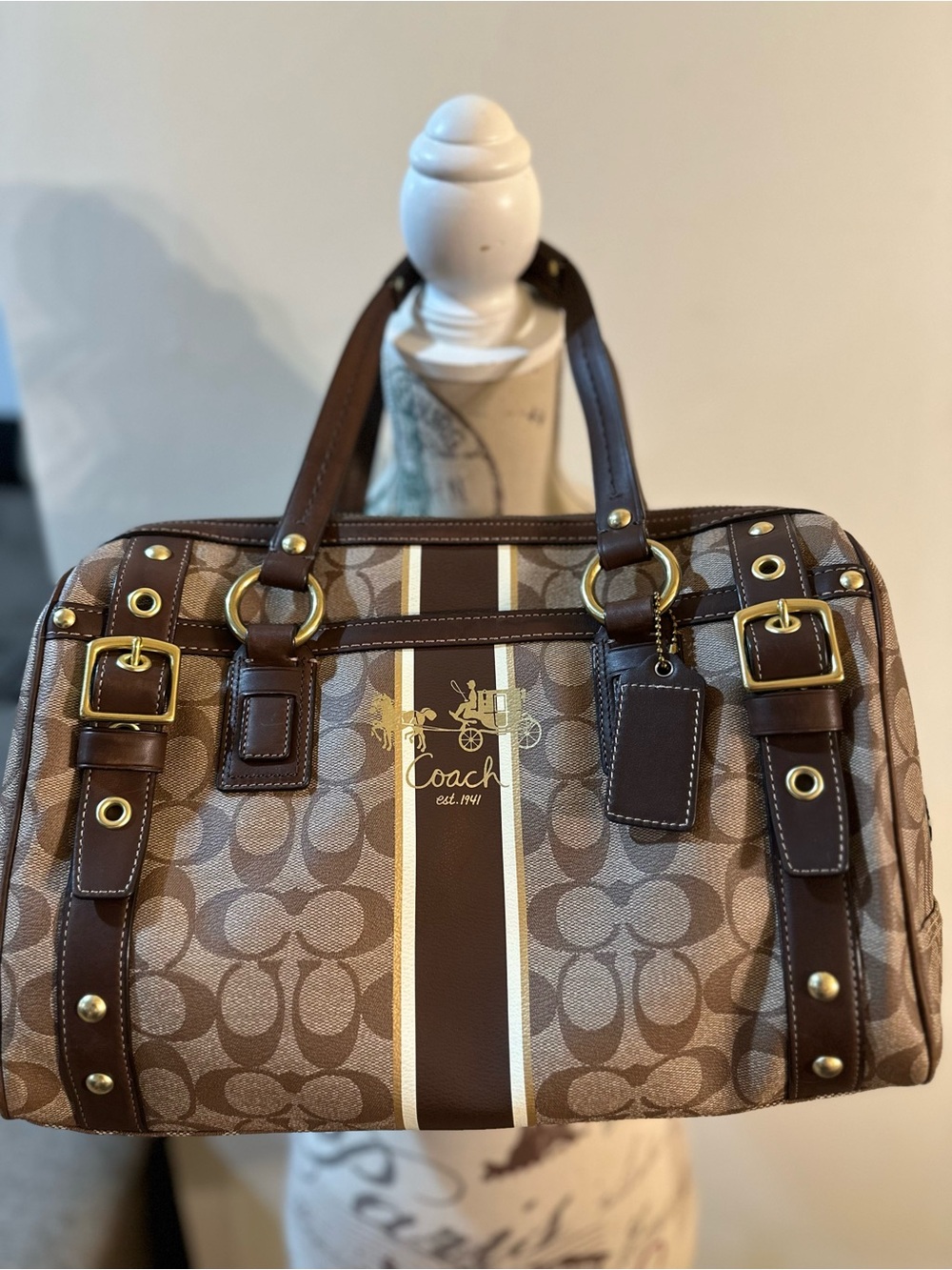 Coach Brown Signature Stripe Weekender with Gold Hardware